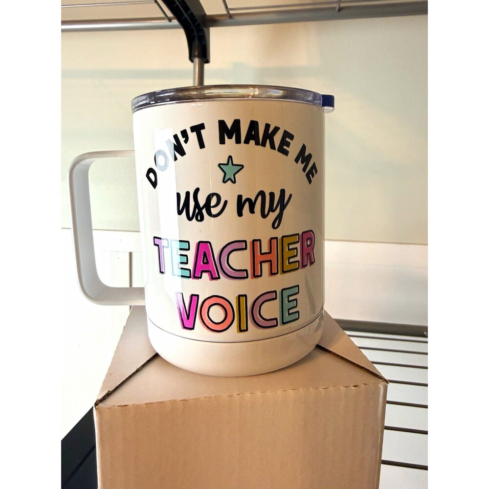Stainless Steel Vacuum Mug 10oz w/ Handle & Lid Teacher Voice White